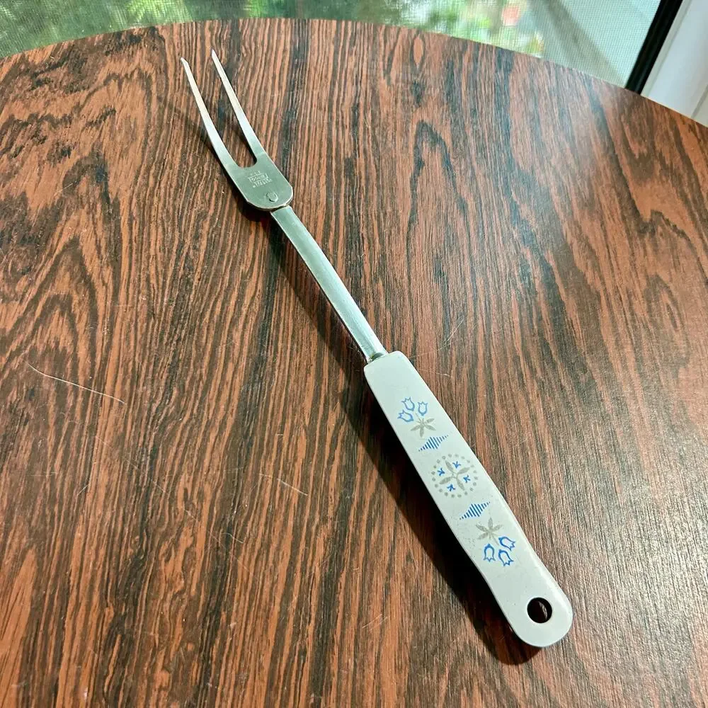 Vintage EKCO Carving Fork – White & Black Handle with Blue Folk Art Design